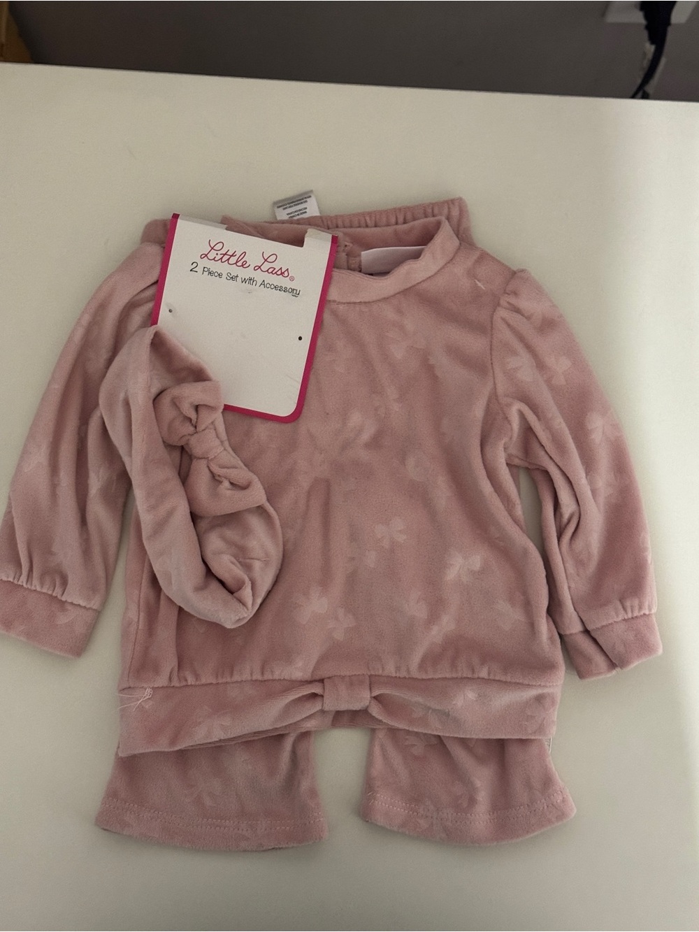 Little Lass Blush Pink Velour Baby Outfit Set with Headband